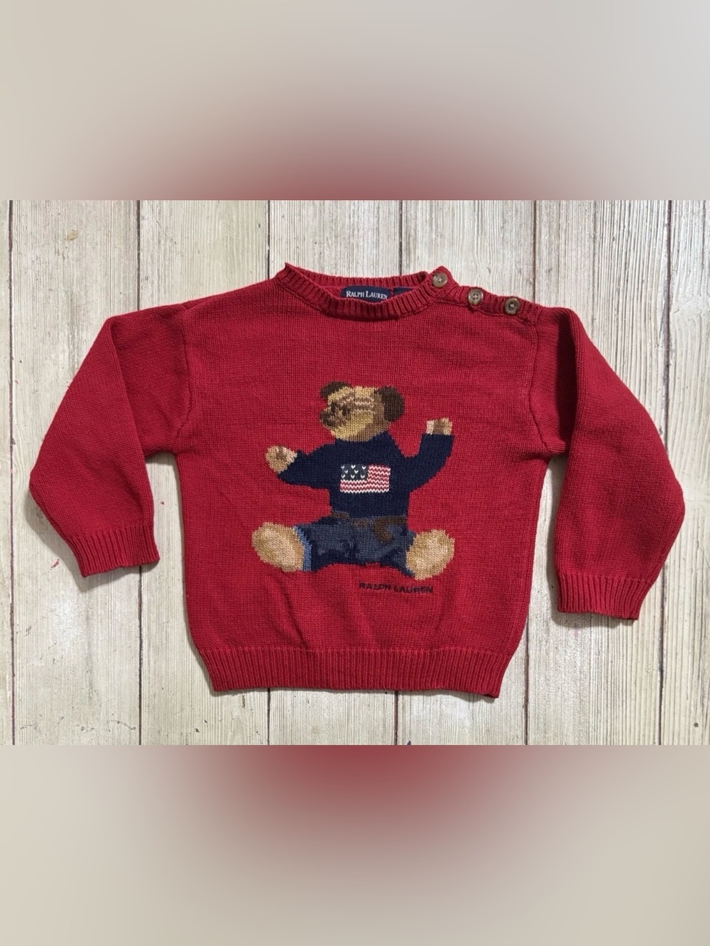 Ralph Lauren red bear flag knit sweater 2t toddler cotton Rare! HTF